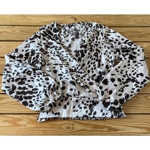NWT Andrea Collection Cross Front Blouse Large Women’s Black Dalmatian Patterned